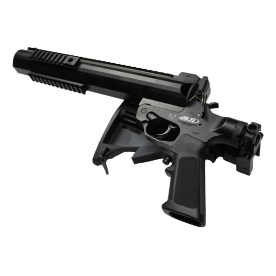ALS 40mm single shot launcher with pistol grip and folding, collapsible stock.